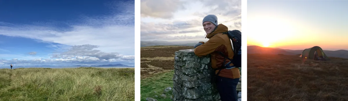 Three pictures: a distant Criffel under a blue sky with low white clouds; Ian standing by a trig point under a pale blue sky with black-yellow clouds, a tent at sunset under a blue-yellow-orange sky.